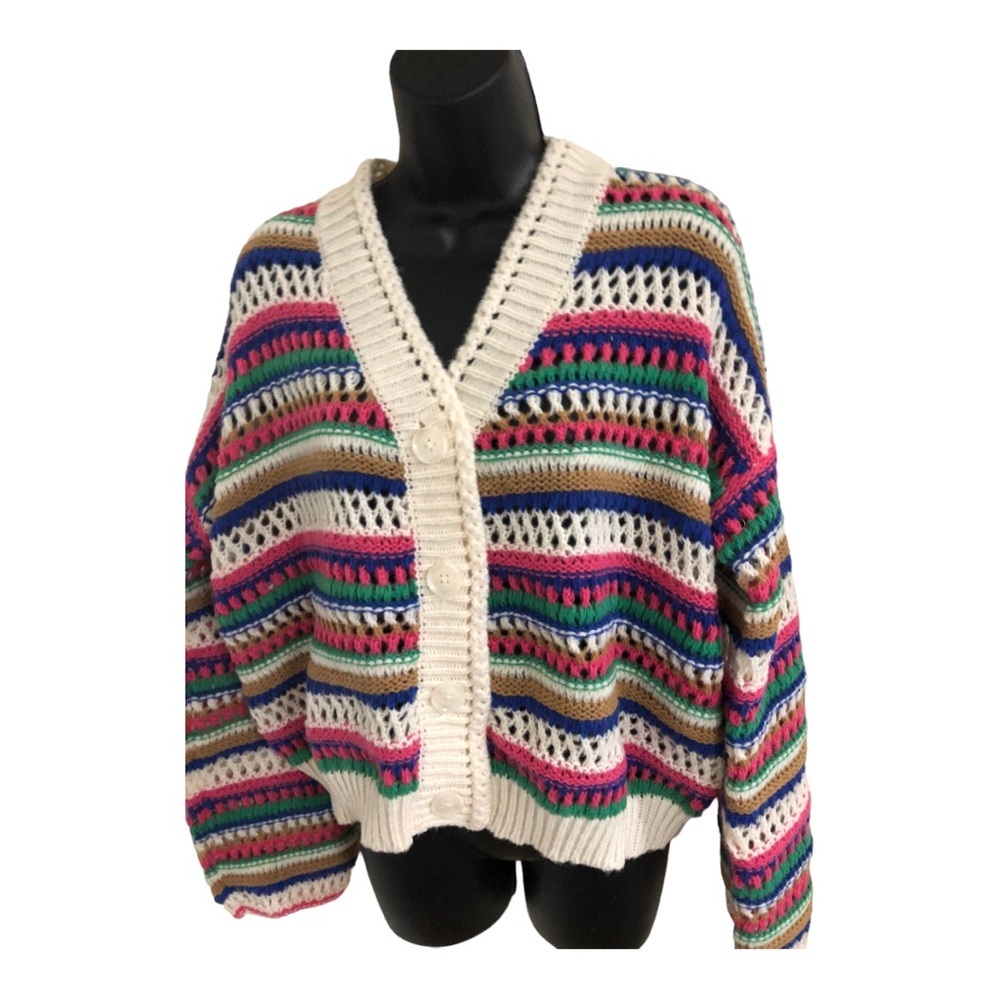 Vigoss Cream multistriped crochet‎ knit grandpa cardigan sweater size large new - Picture 4 of 16